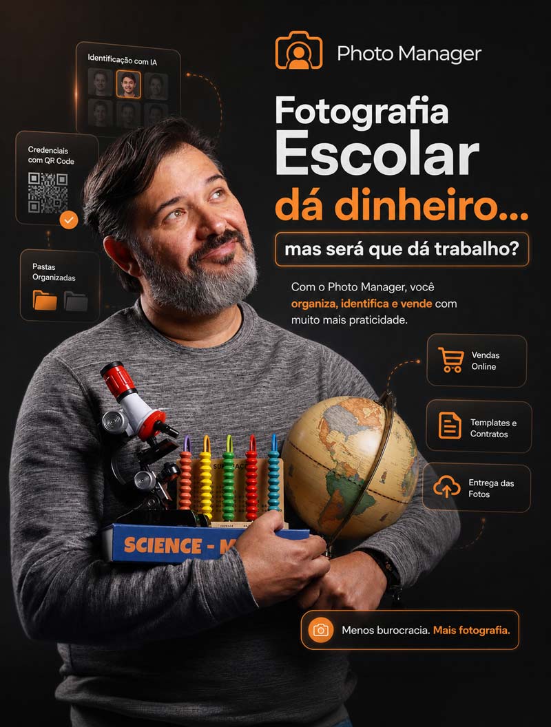 Fotógrafo escolar segurando instrumentos de ciências